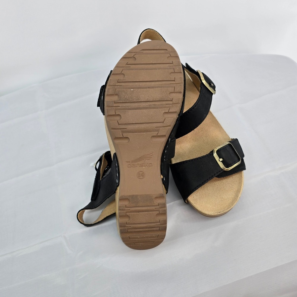 Dansko Black Leather Wedge Sandals Gold Buckle Slingback Wood Grain Heel Size 39 - Picture 9 of 9